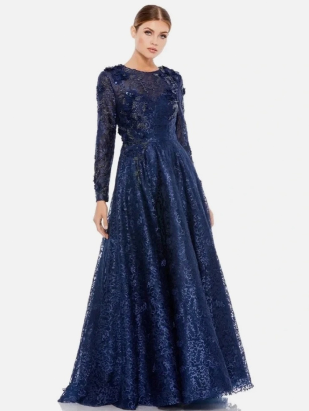 Mac Duggal Embellished Illusion Long Sleeve A Line Gown 11121 Size 4 In Navy